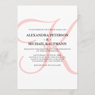 Invitación Monograma clásico vertical moderno en Boda rosa