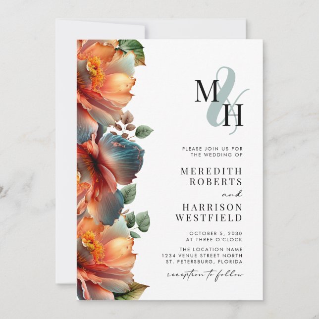 Invitación Monograma Código QR RSVP Boda de otoño floral otoñ (Anverso)