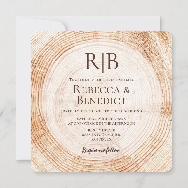 Invitación Monograma Código QR Sitio Web Bark Rustic Boda (Anverso)