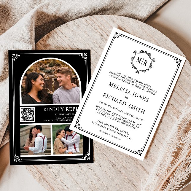 Invitación Monograma Collage de fotos de código QR Boda blanc (Subido por el creador)