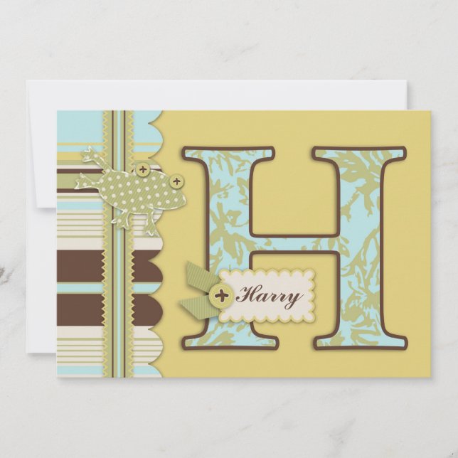 Invitación Monograma con Baby Shower de impresión de rana y t (Anverso)