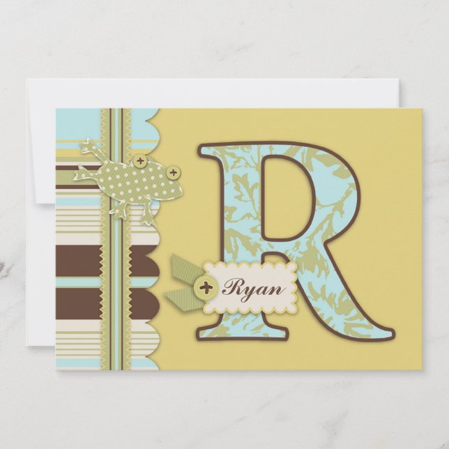 Invitación Monograma con Baby Shower de impresión de rana y t (Anverso)