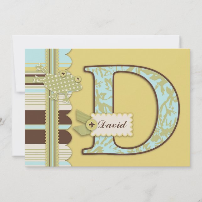 Invitación Monograma con Baby Shower de impresión de rana y t (Anverso)