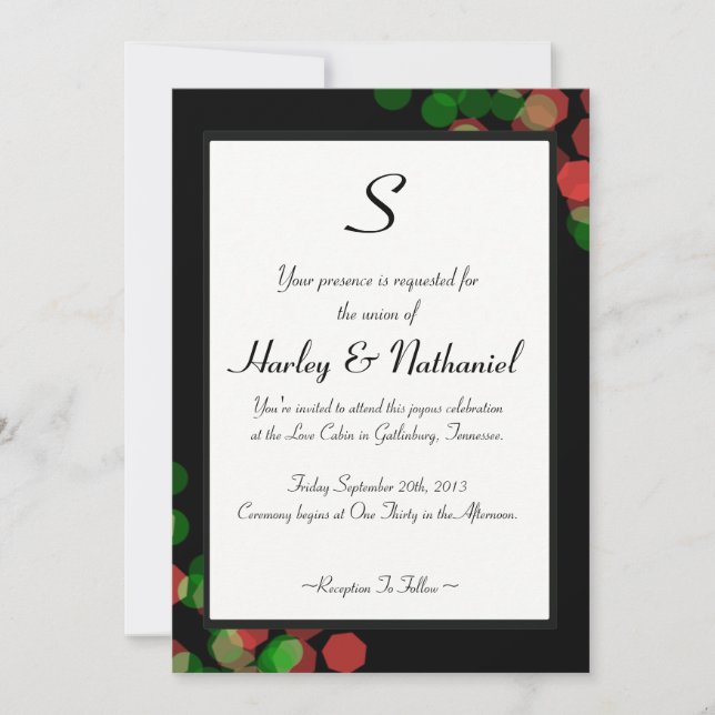 Invitación Monograma con Bokeh Rojo y Verde (Anverso)