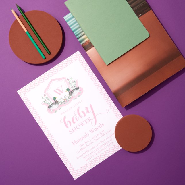 Invitación Monograma Coquette Baby Shower de pato mallard ros (Subido por el creador)