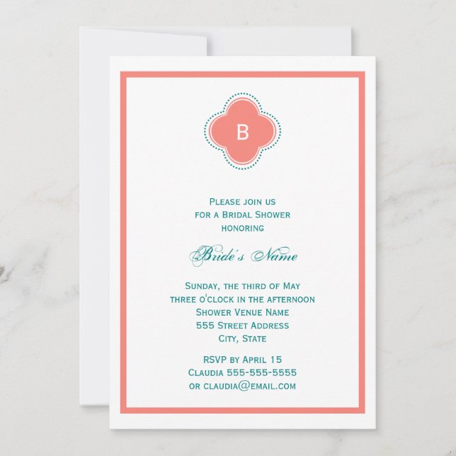 Invitación Monograma Coral Rosa y Verde azulado Boda de Quatr (Anverso)