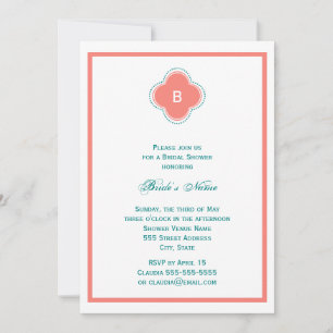 Invitación Monograma Coral Rosa y Verde azulado Boda de Quatr