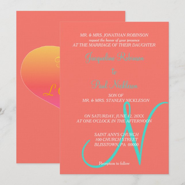 Invitación Monograma Corazón de Coral Turquesa en Atardecer (Anverso / Reverso)