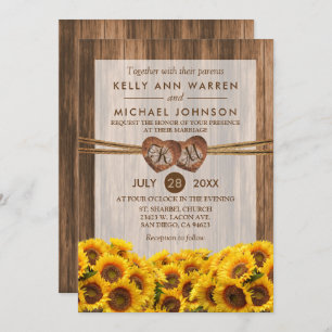 Invitación Monograma Corazones de madera con girasoles campes