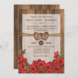 Invitación Monograma Corazones de madera con lirios rojos