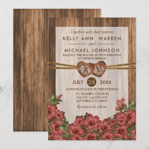 Invitación Monograma Corazones de madera con Rosas turbios