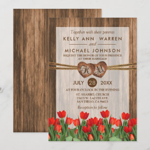 Invitación Monograma Corazones de Madera con Tulipanes Rojos