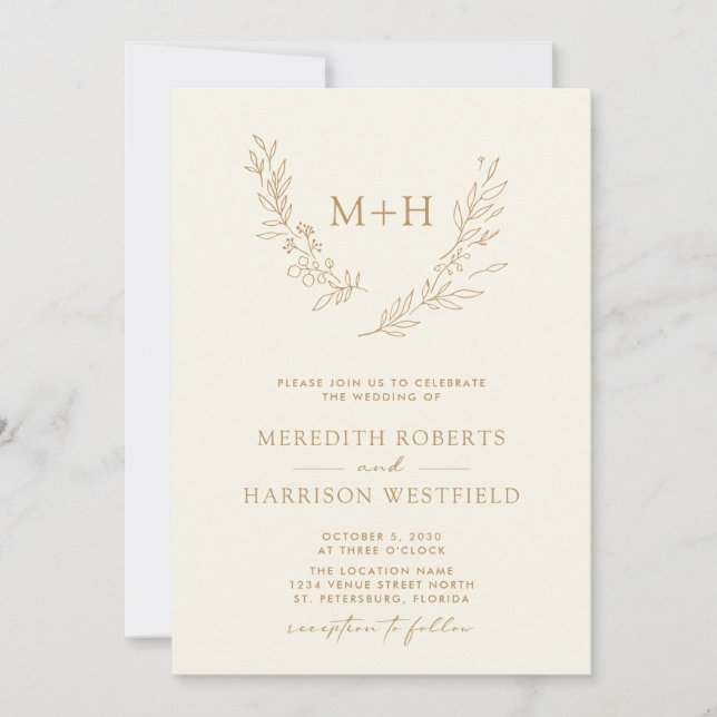Invitación Monograma coronario QR Código dorado en crema Boda (Anverso)