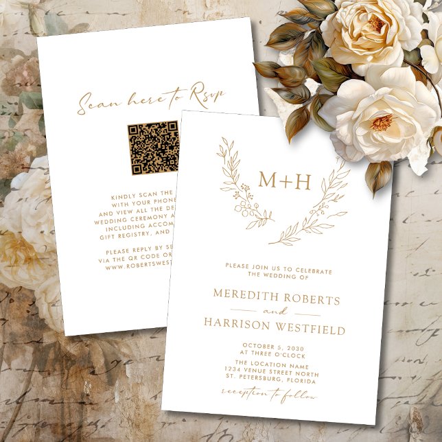 Invitación Monograma Correa QR Código dorado en Boda blanco (Elegant Monogram Laurel Wreath QR Code RSVP Double Sided Gold 
 on White Wedding Invitation)