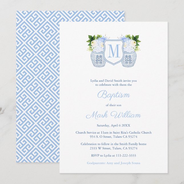 Invitación Monograma Cristalización De Niños Bebés Azules Y B (Anverso / Reverso)