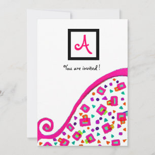 Invitación MONOGRAMA CUADRADA ABSTRACTA DECO ROSA FUCsia BLAN