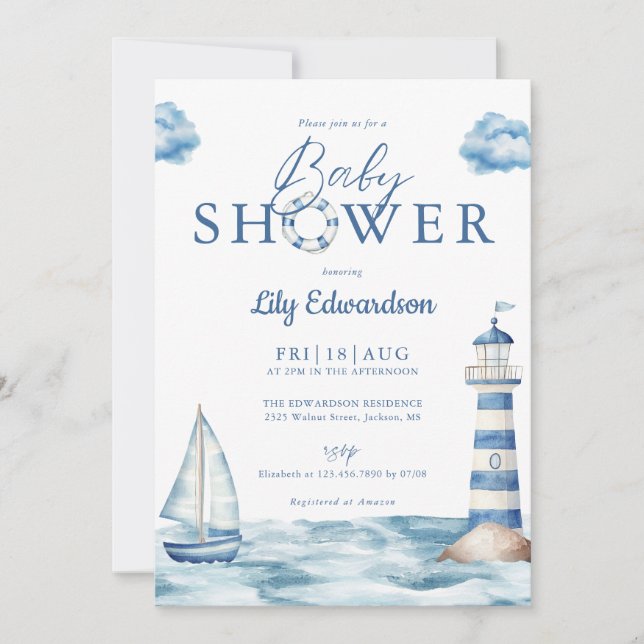 Invitación Monograma cutáneo oceánico náutico Baby Shower (Anverso)