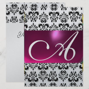 Invitación MONOGRAMA DAMASCO GEM púrpura rosa negro blanco pl