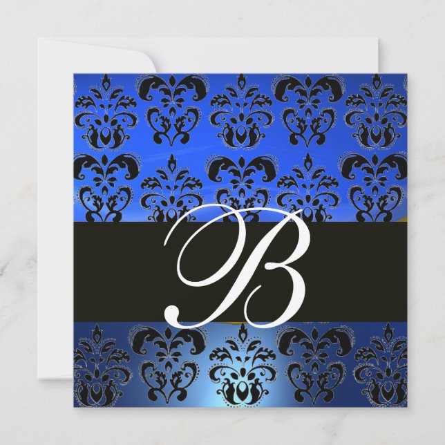 Invitación MONOGRAMA DAMASCO NEGRO AZUL , blanco (Anverso)