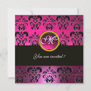 Invitación MONOGRAMA DAMASCO NEGRO FUCsia ROSA, amatista