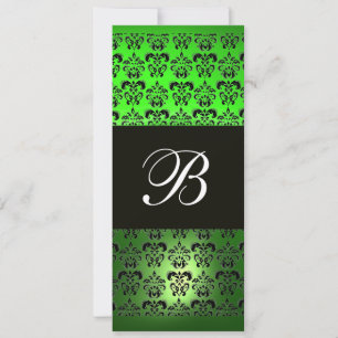 Invitación MONOGRAMA DAMASCO NEGRO VERDE, esmeralda blanca