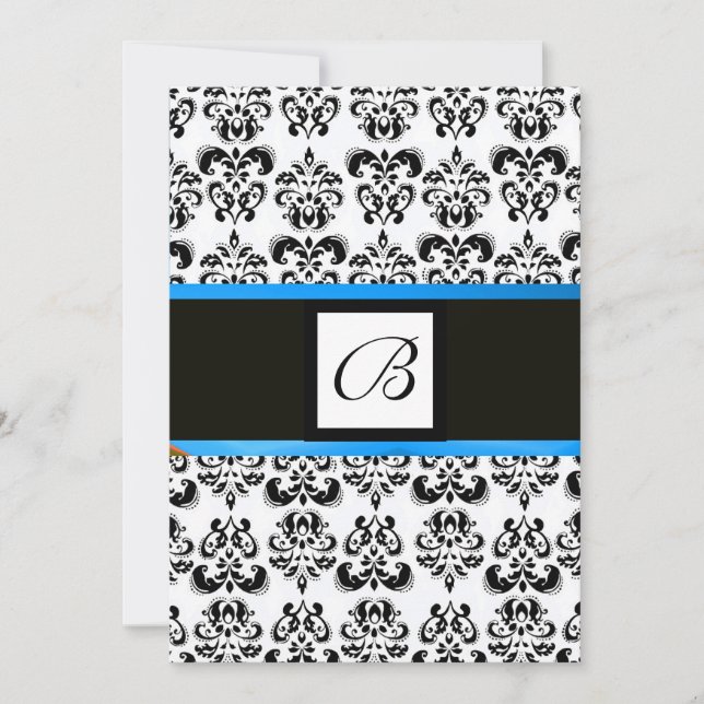Invitación MONOGRAMA DAMASCO, negro y blanco, azul (Anverso)