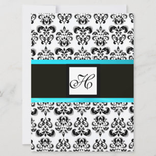 Invitación MONOGRAMA DAMASCO, negro y blanco, azul turquesa