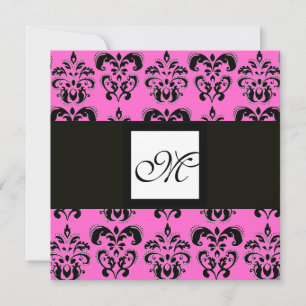 Invitación MONOGRAMA DAMASCO, negro y blanco, fucsia rosa