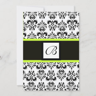 Invitación MONOGRAMA DAMASCO, negro y blanco, verde amarillo
