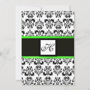 Invitación MONOGRAMA DAMASCO, negro y blanco, verde esmeralda
