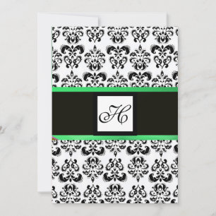 Invitación MONOGRAMA DAMASCO, negro y blanco, verde esmeralda