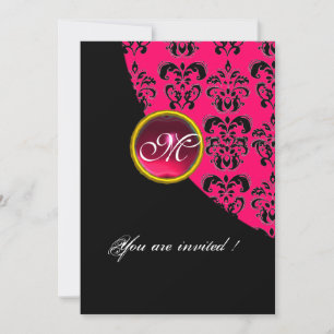Invitación MONOGRAMA DAMASCO NEGRO Y ROSA, rubí rojo, fucsia
