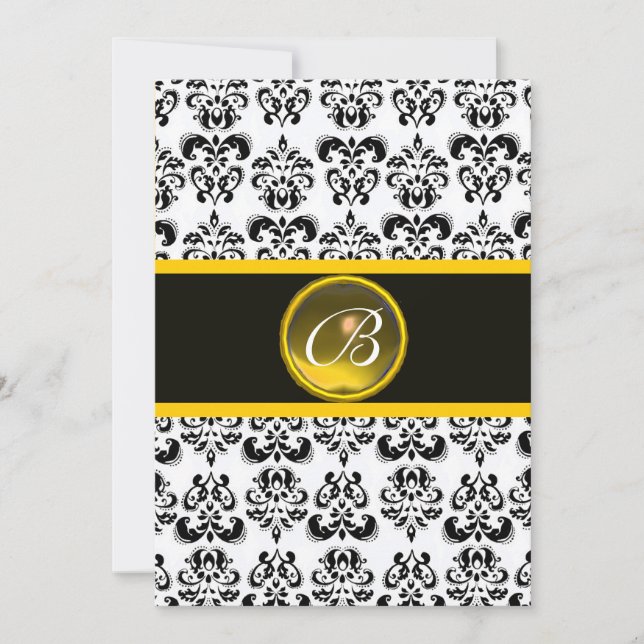 Invitación MONOGRAMA DAMASK AMARILLO TOPAZ, blanco y negro (Anverso)