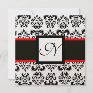 Invitación MONOGRAMA DAMASK, negro, blanco, rojo champán metá