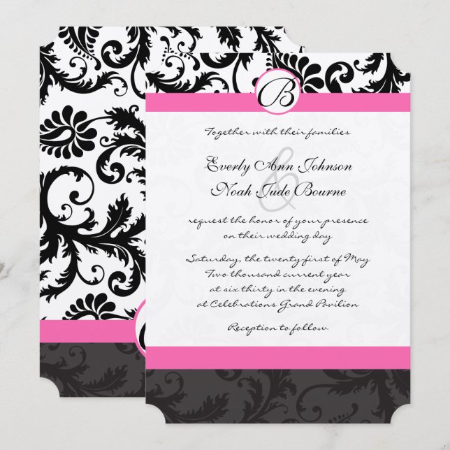 Invitación Monograma Damask Negro y Blanco con Borde Rosa (Anverso / Reverso)