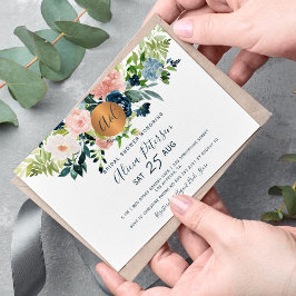 Invitación Monograma de acuarela azul marino floral