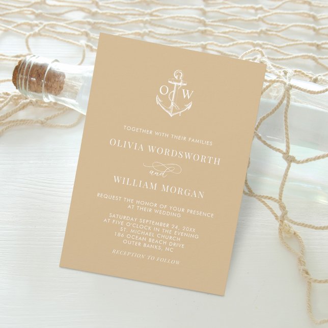 Invitación Monograma de ancla náutica Beige Tan Boda (Subido por el creador)