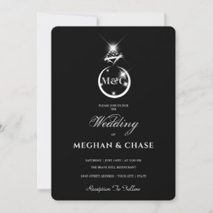 Invitación Monograma de anillo de diamantes Boda blanco y neg