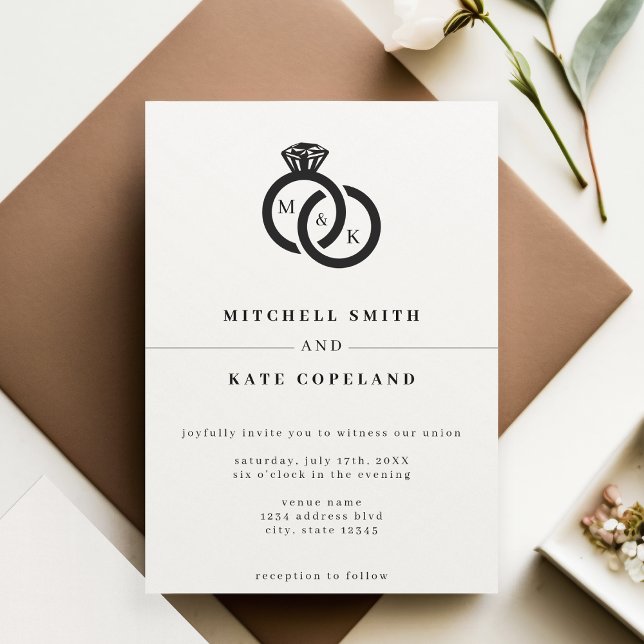 Invitación Monograma de anillos de diamantes blancos y negros (White & Black Diamond Ring Monogram Wedding Invitation)