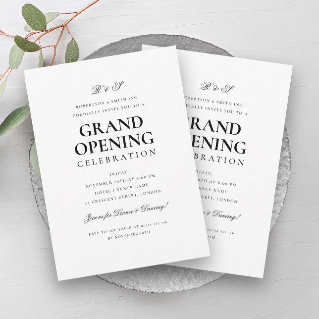Invitación Monograma de apertura formal corporativa (Formal Corporate Grand Opening Monogram White Invitation)