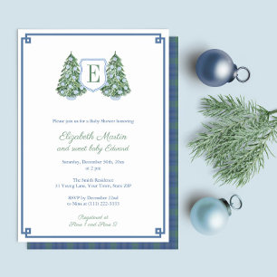 Invitación Monograma de árbol de Navidad blanco azul Baby Sho