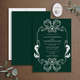 Invitación Monograma de arte de la Línea Floral Verde Ornate
