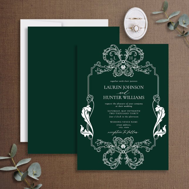 Invitación Monograma de arte de la Línea Floral Verde Ornate (Subido por el creador)