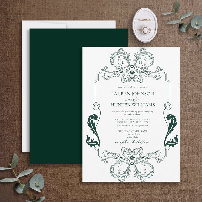 Invitación Monograma de arte de la Línea Floral Verde Ornate (Subido por el creador)