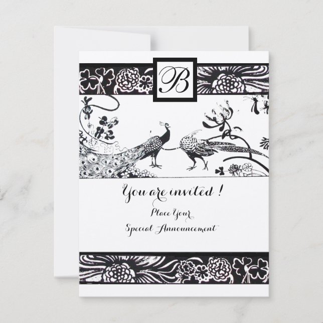 Invitación MONOGRAMA DE AVES DE AMOR boda, metal plateado neg (Anverso)