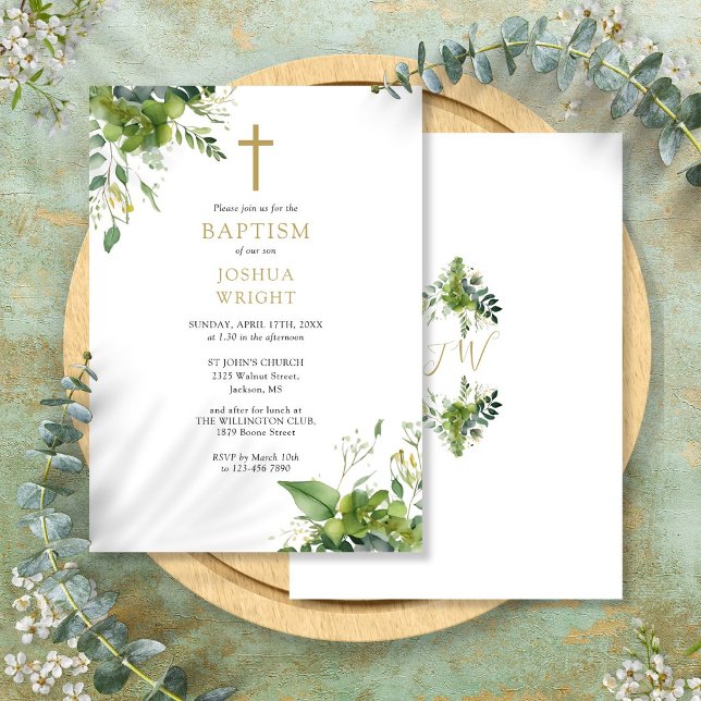 Invitación Monograma de bautizo de eucalipto (Eucalyptus Greenery Monogram Baptism Christening Invitation)