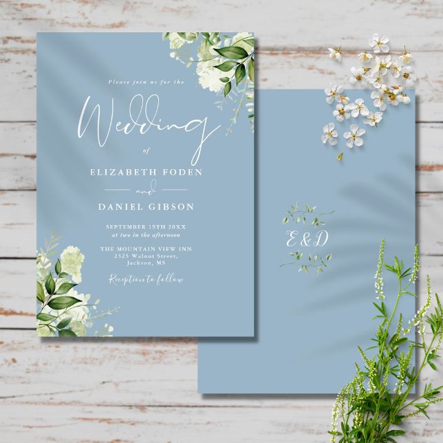 Invitación Monograma de boda con hojas de verde dusty blue (Subido por el creador)