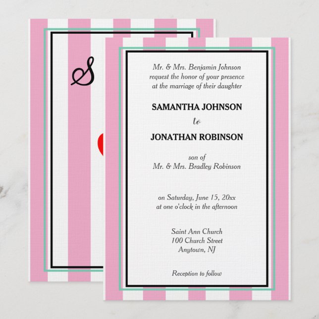Invitación Monograma de Boda con Rayas Blancas Rosadas Verdes (Anverso / Reverso)