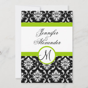 Invitación Monograma de boda damasco verde parte delantera de
