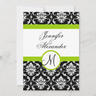 Invitación Monograma de boda damasco verde parte delantera de